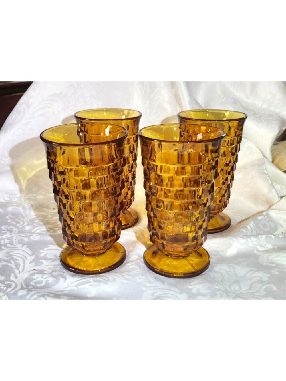 Set Of 4 Vintage Colony Whitehall Amber Glass Footed Iced Tea Tumblers